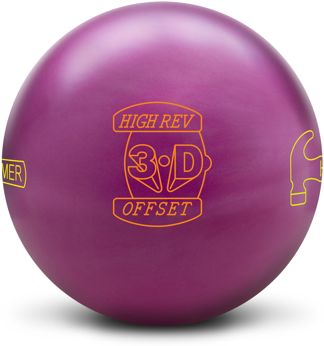 A violet-purple colored bowling ball with the High Rev 3D Offset logo in orange centered prominently also showing half of the Hammer logo in yellow on the left side and also on the right side.