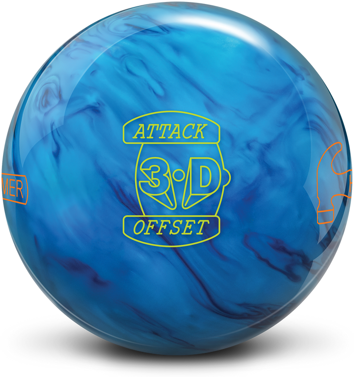 A light blue and navy blue colored bowling ball with the Attack 3D Offset logo in neon yellow centered prominently and with half of the Hammer logo in orange on the left side and on the right side.