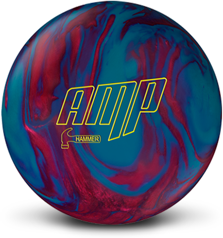 A red and blue colored bowling ball with the AMP logo in bright yellow centered prominently.