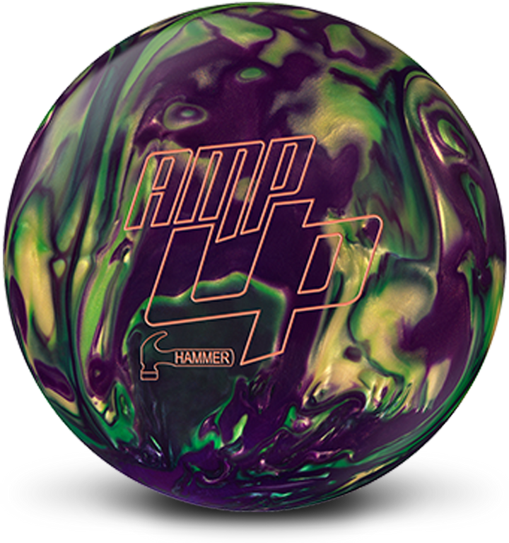 A purple, gold, and green colored bowling ball with the AMP UP logo in orange centered prominently.