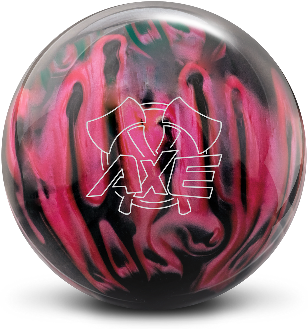A pink and grey smoke colored bowling ball with the AXE logo in white centered prominently.
