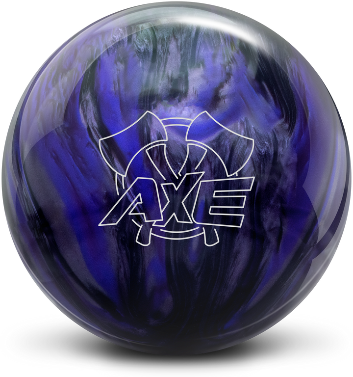 A bowling ball with a swirl pattern in shades of grey and purple, featuring the AXE logo in white prominently in the center.