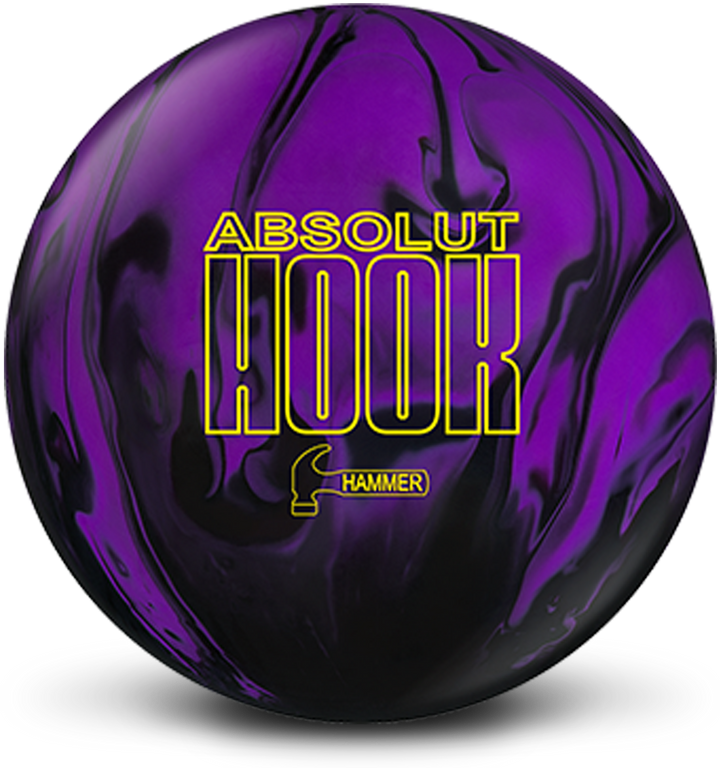 A purple and black colored bowling ball with the Absolut Hook logo in bright yellow centered prominently.