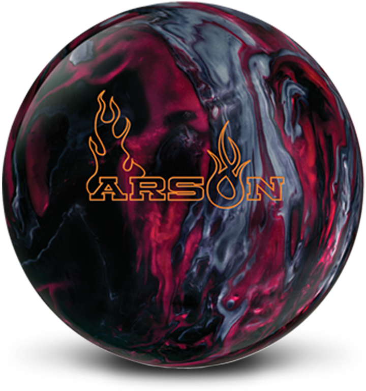A red, black, and silver colored bowling ball with the Arson logo in orange centered prominently.