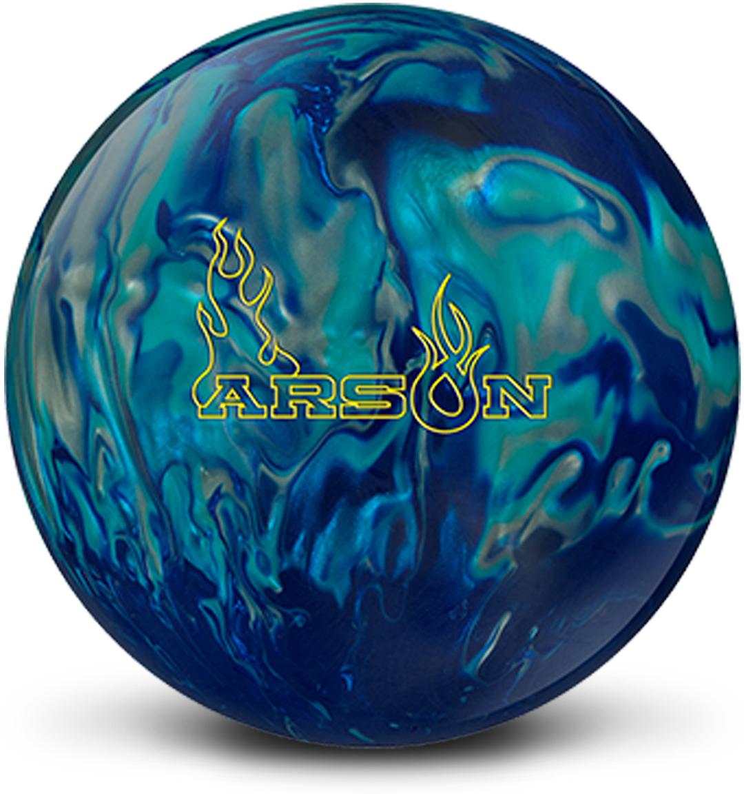 A navy, turquoise, and silver colored bowling ball with the Arson logo in bright yellow centered prominently.