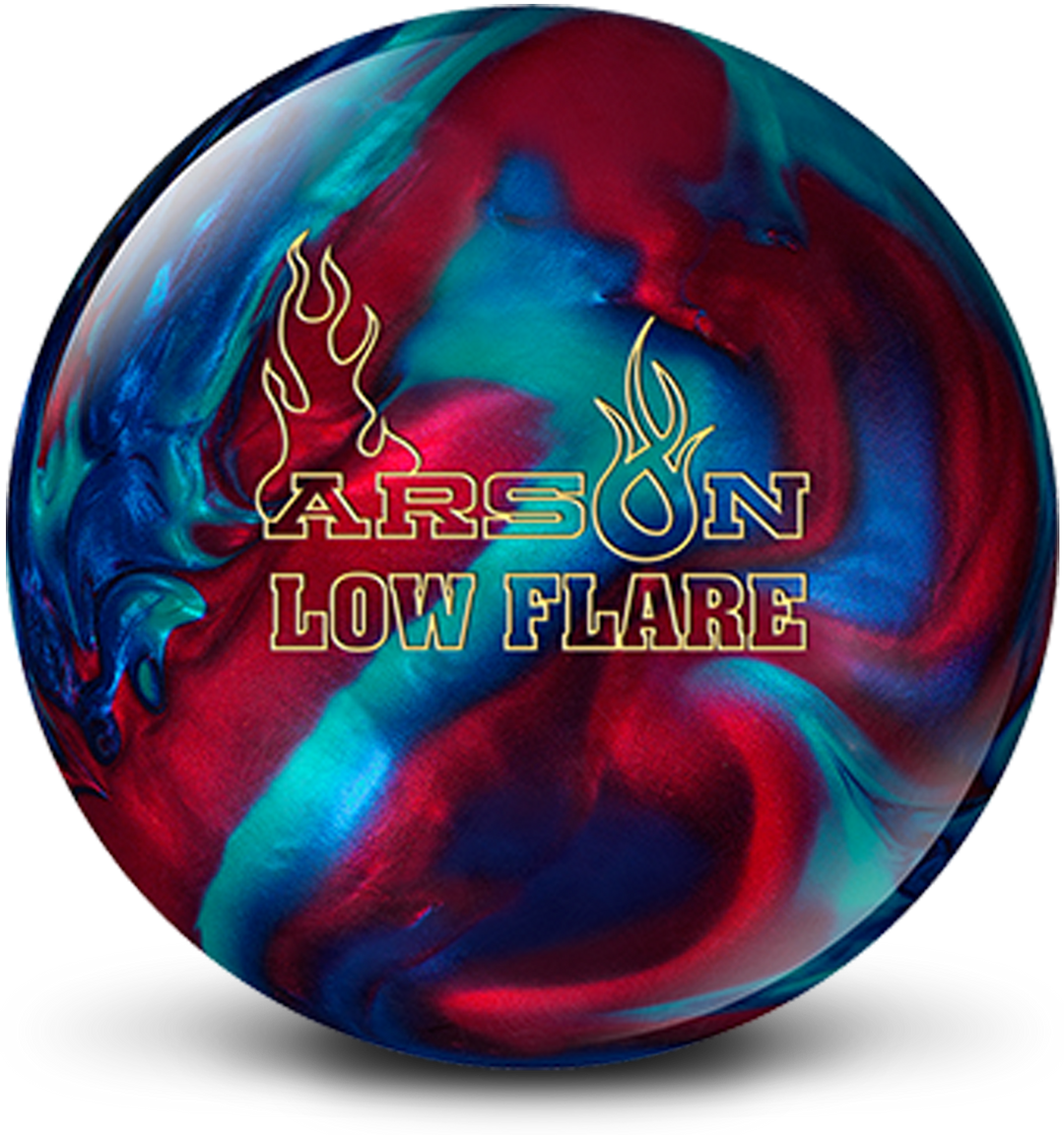 A blue, teal, and red colored bowling ball with the Arson Low Flare logo in bright yellow centered prominently.
