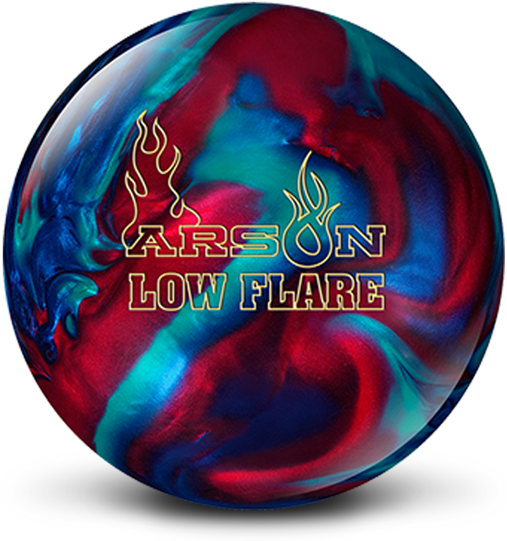 A blue, teal, and red colored bowling ball with the Arson Low Flare logo in bright yellow centered prominently.