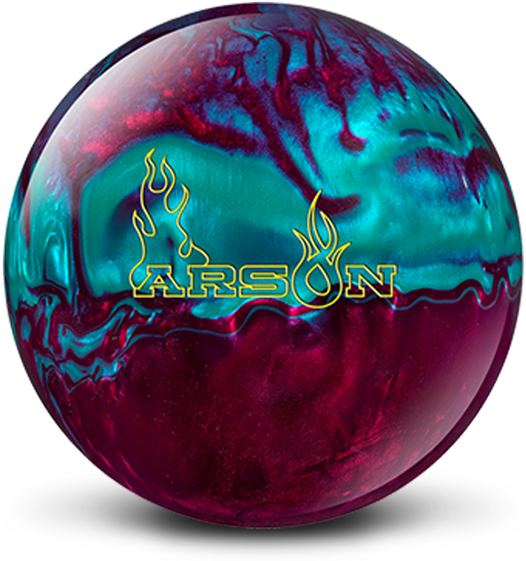 A red and turquoise colored bowling ball with the Arson logo in bright yellow centered prominently.