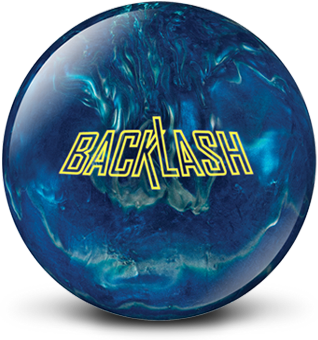 A blue and silver colored bowling ball with the Backlash logo in bright yellow centered prominently.