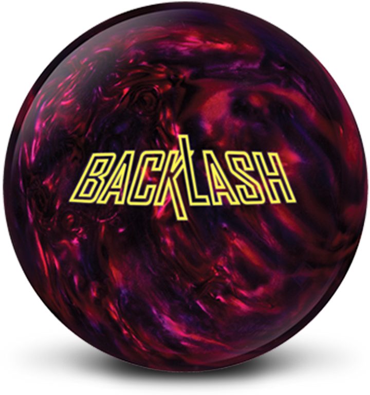 A red and purple colored bowling ball with the Backlash logo in bright yellow centered prominently.