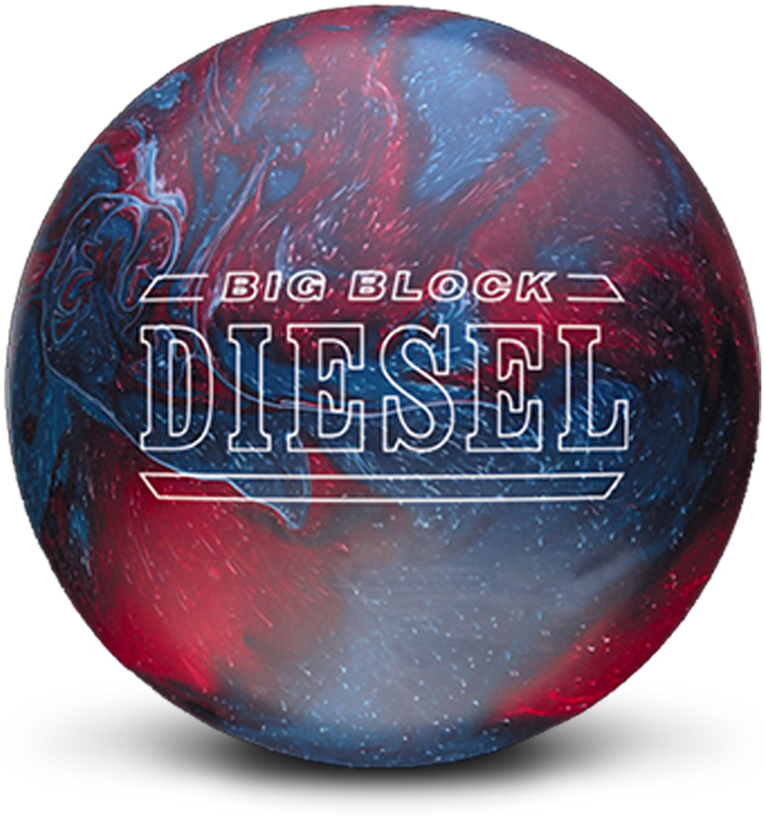 A blue and red colored bowling ball with speckles throughout and the Big Block Diesel logo in white centered prominently.