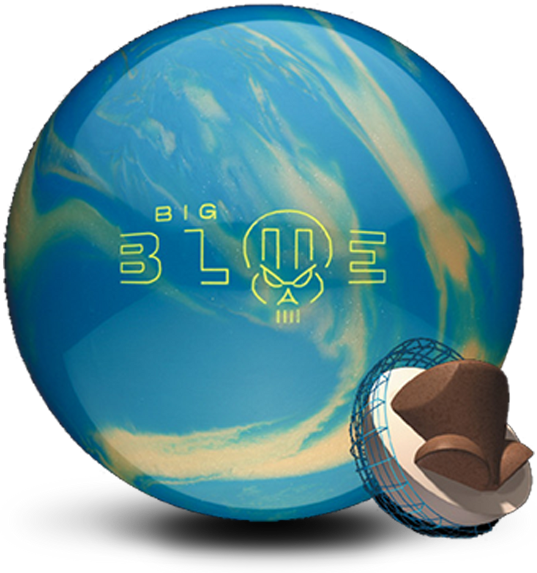 A light blue and mustard yellow colored bowling ball with the Big Blue logo in bright yellow centered prominently. Also with a small core image in the lower right-hand corner.