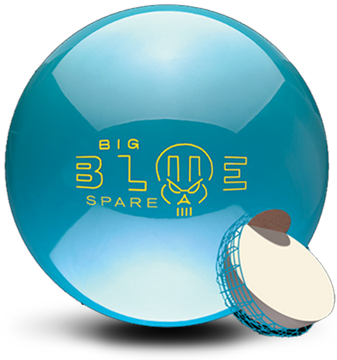 A light blue colored bowling ball with the Big Blue Spare logo in bright yellow centered prominently. Also with a small core image in the lower right-hand corner.
