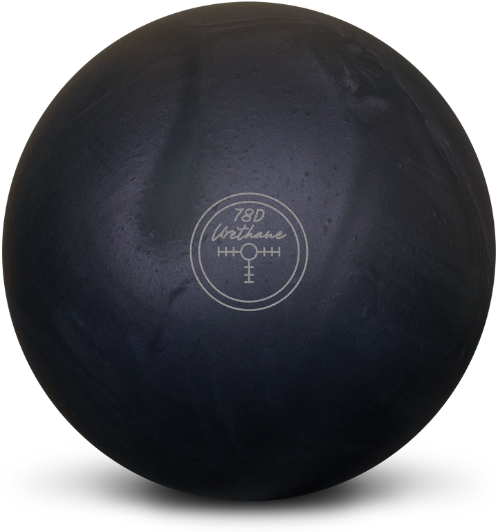 A black pearl colored bowling ball showing the center of gravity marker in silver centered prominently.