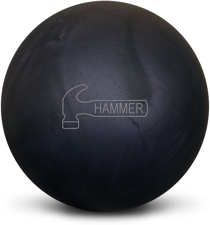 A black pearl colored bowling ball showing the Hammer logo in silver centered prominently.