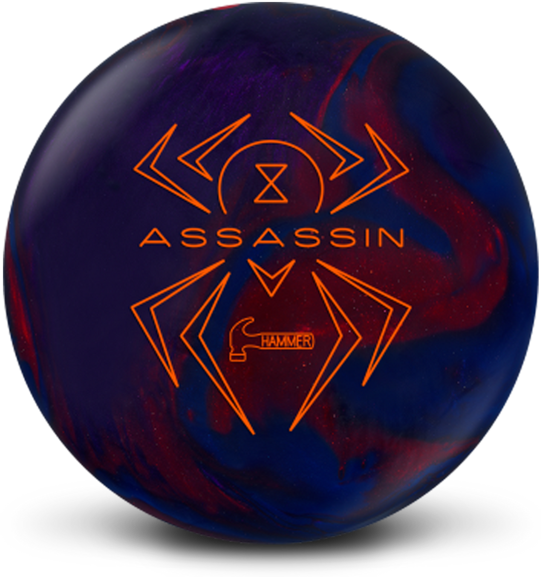 A red, navy, and purple colored bowling ball with the Black Widow Assassin logo in red centered prominently.