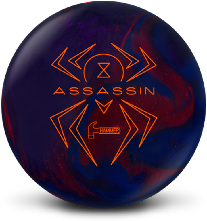 A red, navy, and purple colored bowling ball with the Black Widow Assassin logo in red centered prominently.