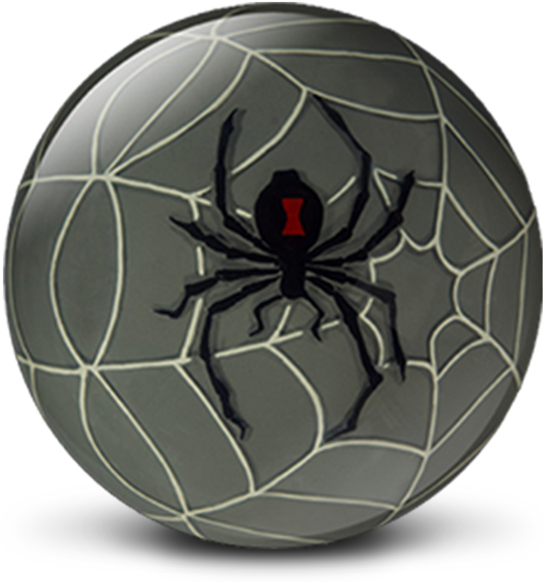 A grey colored bowling ball with a thick-lined spider web in white and a large black widow spider drawing centered prominently.