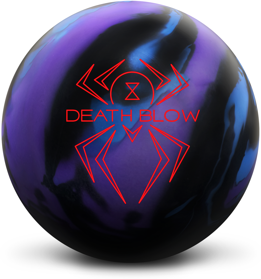 A blue, purple, and black colored bowling ball with the Black Widow Death Blow logo in red centered prominently.