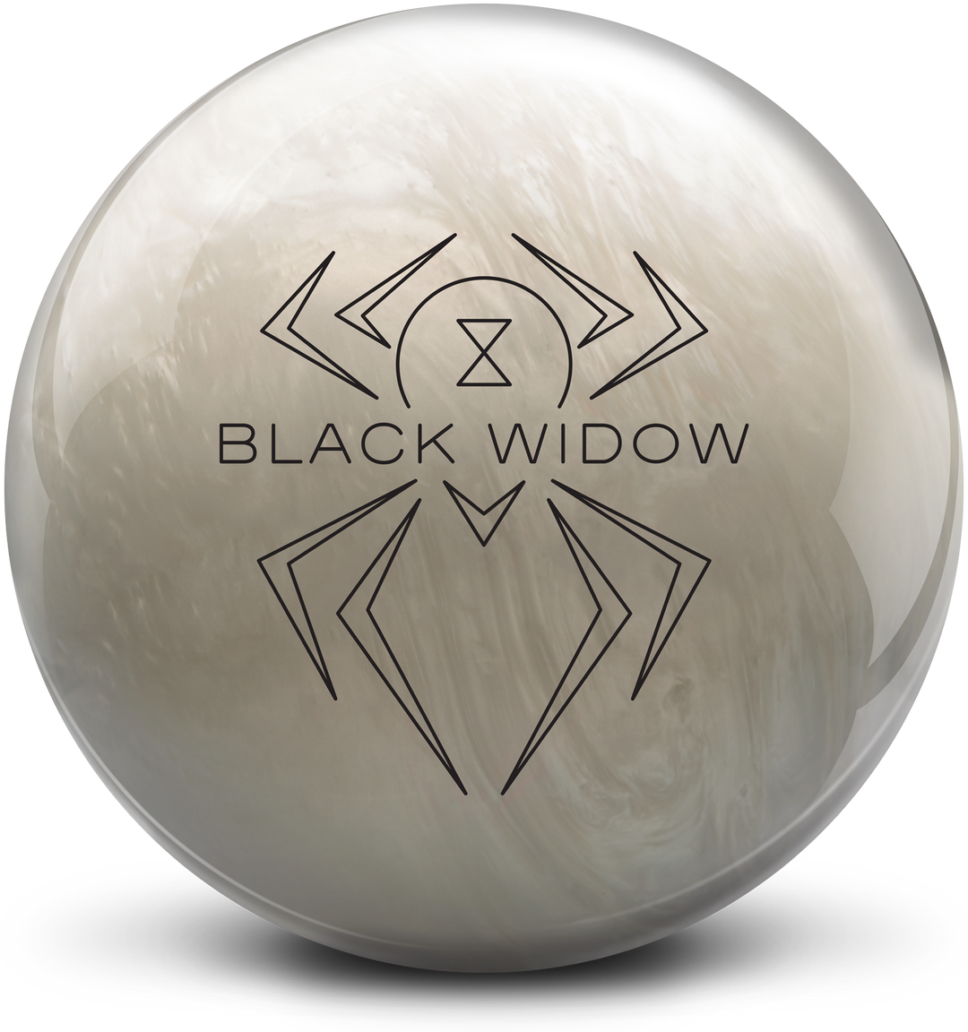 A white pearl colored bowling ball with the Black Widow logo in black centered prominently.