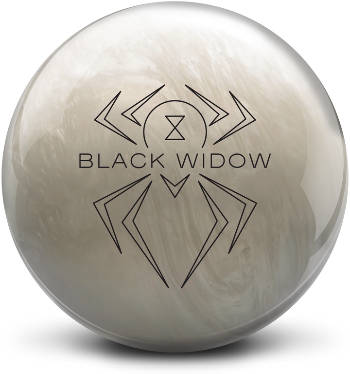 A white pearl colored bowling ball with the Black Widow logo in black centered prominently.