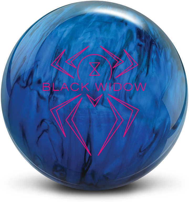 Bowling ball with cobalt blue and black colors and the Black Widow logo in magenta centered prominently.