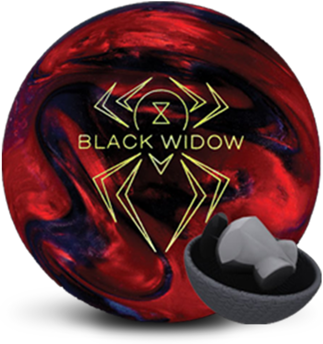 A red and black swirled bowling ball with the Black Widow logo in bright yellow centered prominently. Also with a small core image in the lower right-hand corner.