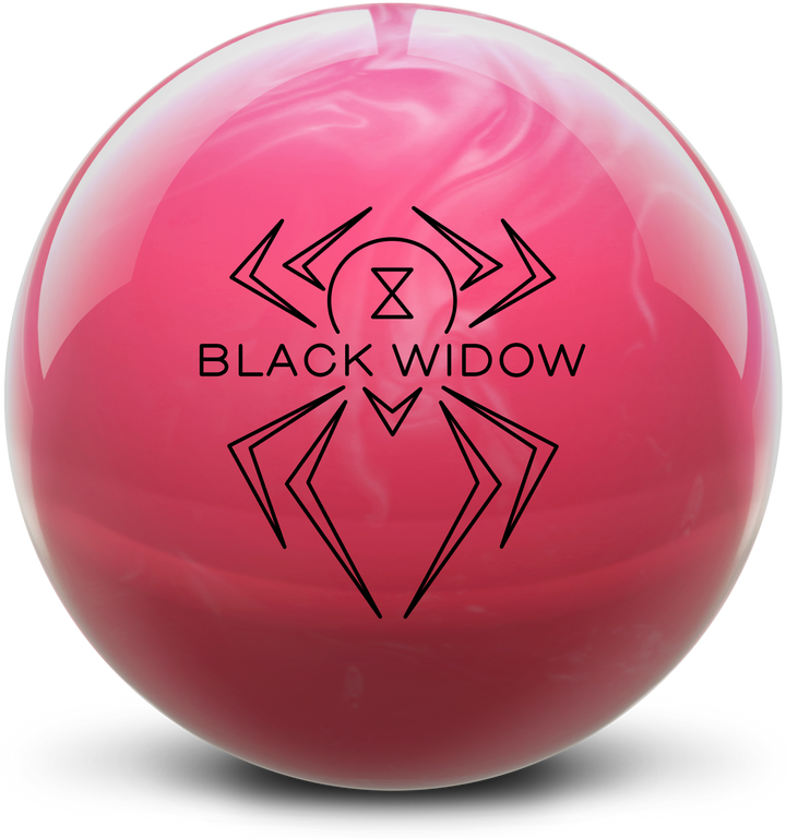 A pink colored bowling ball with the Black Widow logo in black centered prominently.