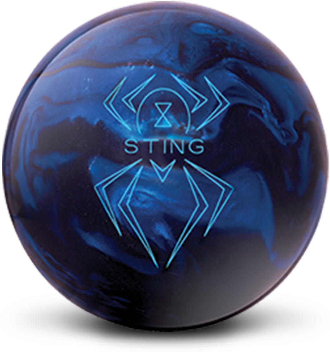 A black and blue colored bowling ball with the Black Widow Sting logo in light blue centered prominently.