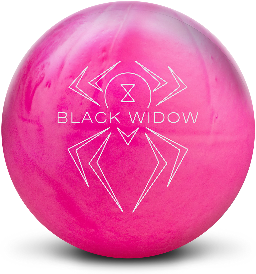 A pink pearl colored bowling ball with the Black Widow logo in white centered prominently.