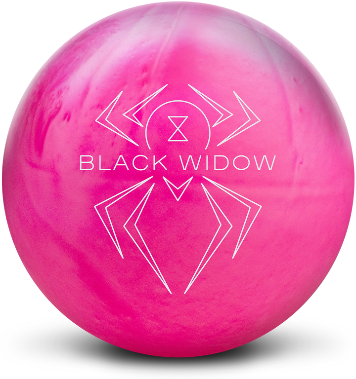 A pink pearl colored bowling ball with the Black Widow logo in white centered prominently.
