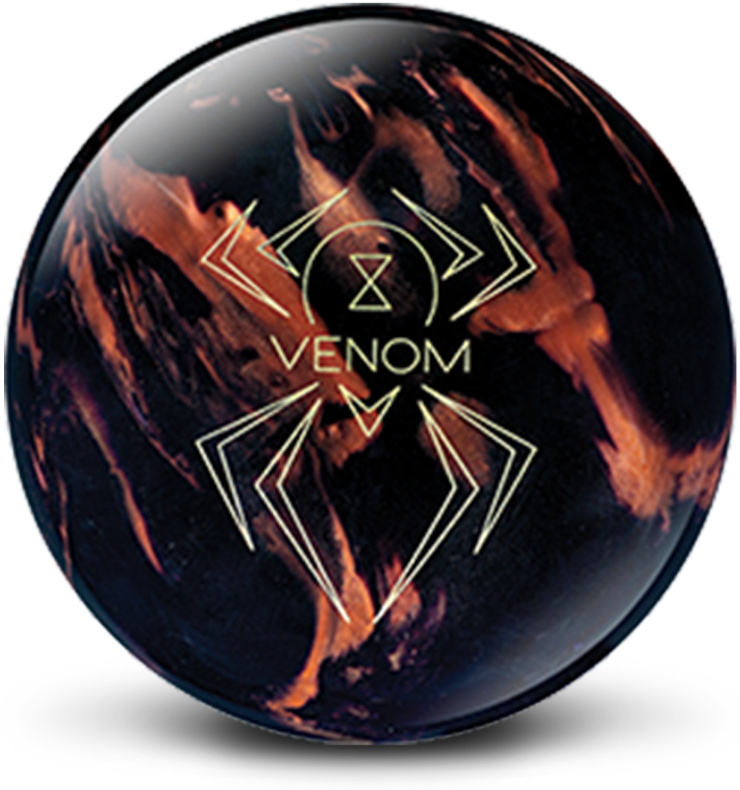 A black and caramel colored bowling ball with the Black Widow Venom logo in light yellow centered prominently.