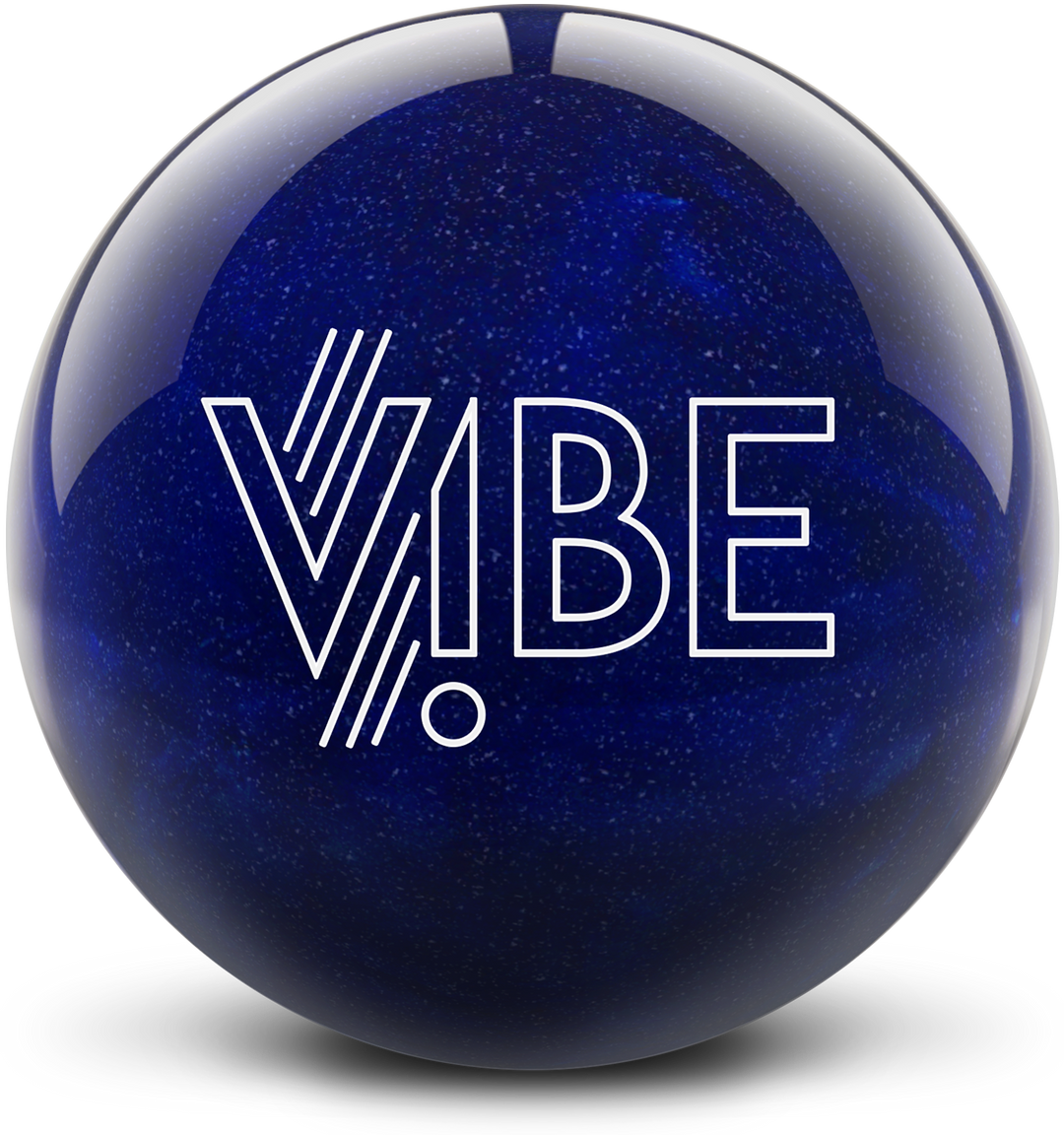A dark blue colored bowling ball with light blue swirls and speckles throughout and with the VIBE logo in white centered prominently.