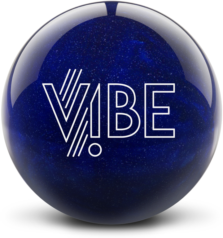 A dark blue colored bowling ball with light blue swirls and speckles throughout and with the VIBE logo in white centered prominently.