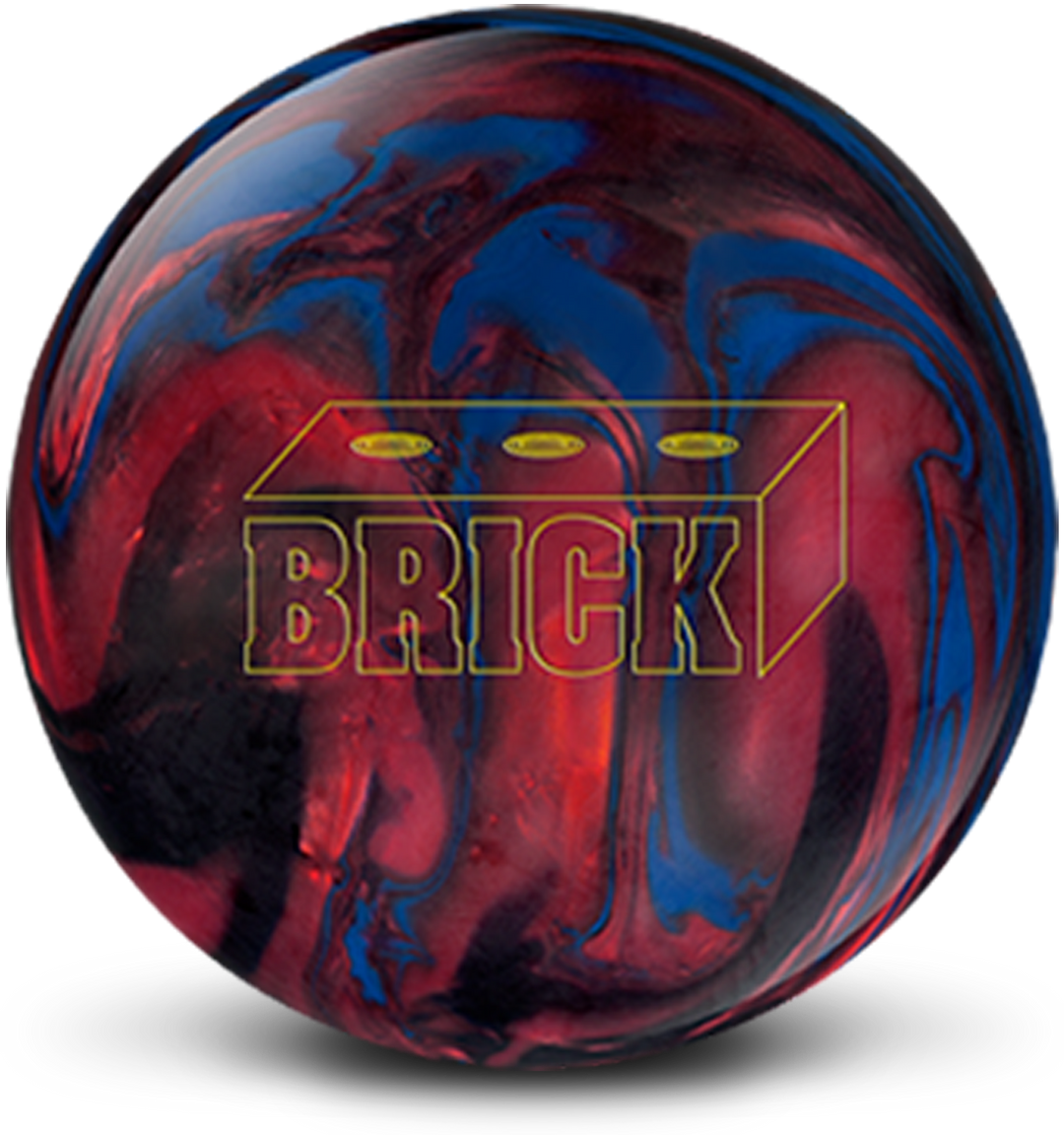 A black, blue, and red bowling ball with the Brick logo in yellow centered prominently.