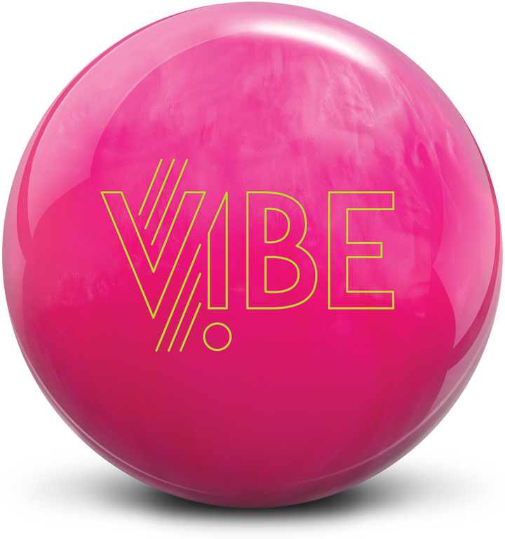 A bowling ball with a hot pink color and the VIBE logo in yellow.