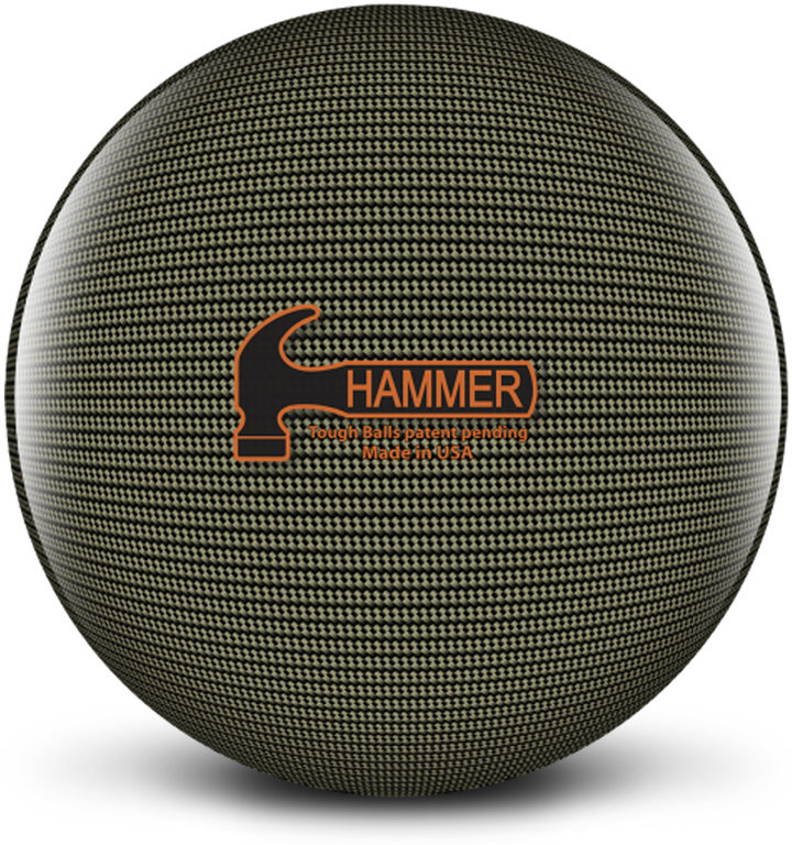 A bowling ball with a grey and black carbon fiber texture in the background with the black and orange Hammer logo centered prominently.