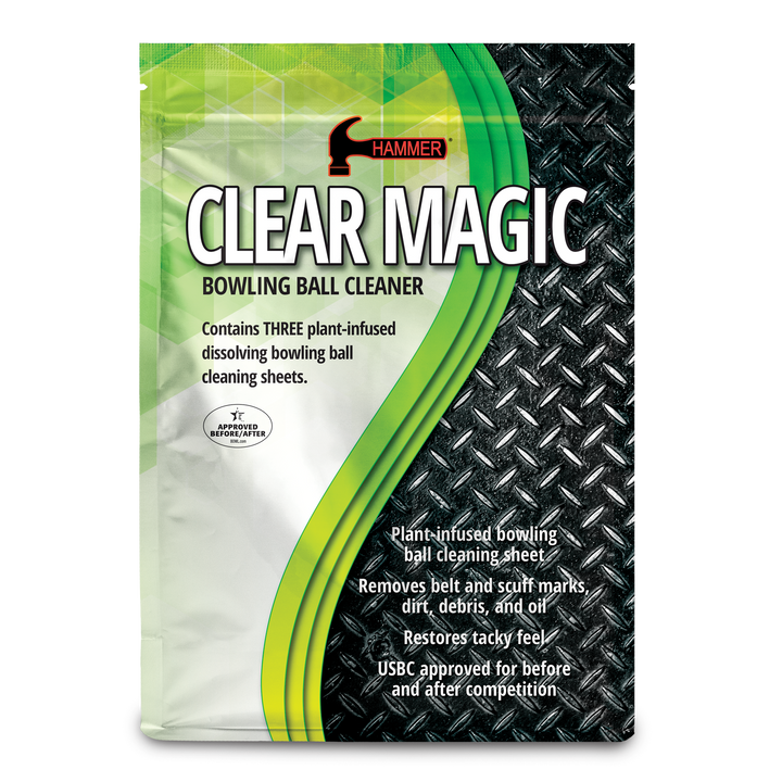 A re-sealable pouch printed with green and black graphics and "Clear Magic" along with other information on the front.