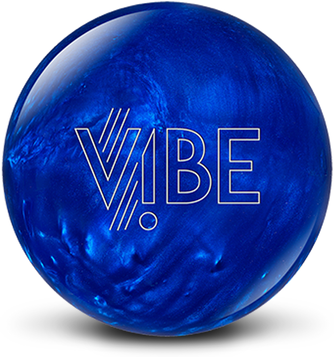 A cobalt blue colored bowling ball with dark and light blue swirls and the VIBE logo in white centered prominently.