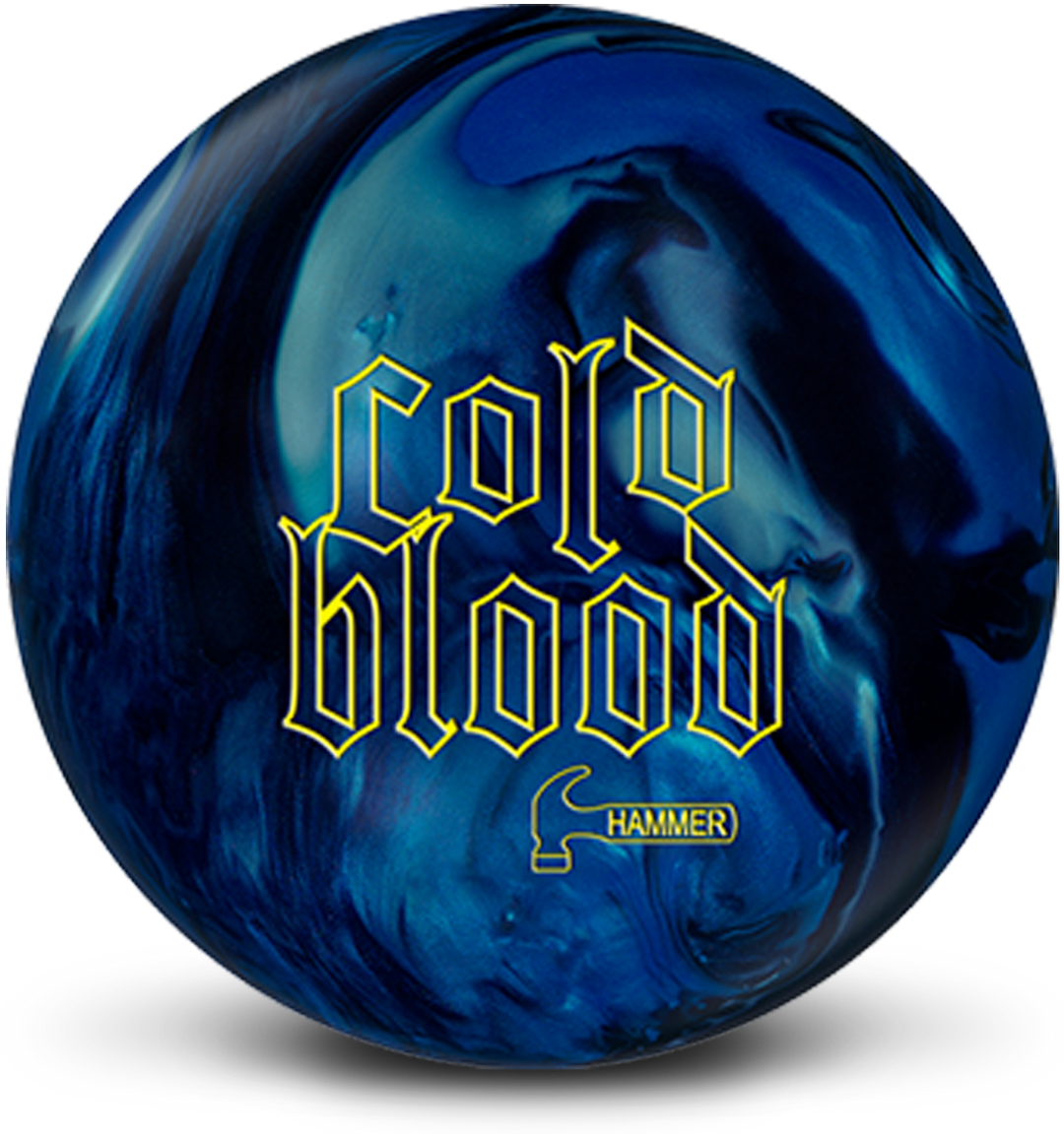 A black and blue colored bowling ball with the Cold Blood logo in bright yellow centered prominently.