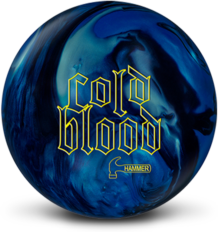 A black and blue colored bowling ball with the Cold Blood logo in bright yellow centered prominently.