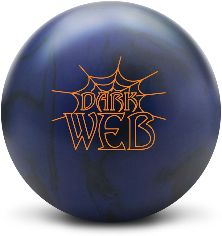 A dark blue and black colored bowling ball with the Dark Web logo in orange centered prominently.