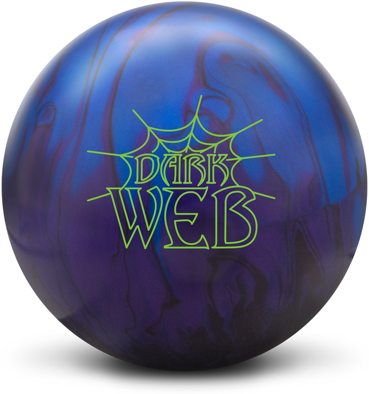 A blue, purple, and black colored bowling ball with the Dark Web logo in neon green centered prominently.