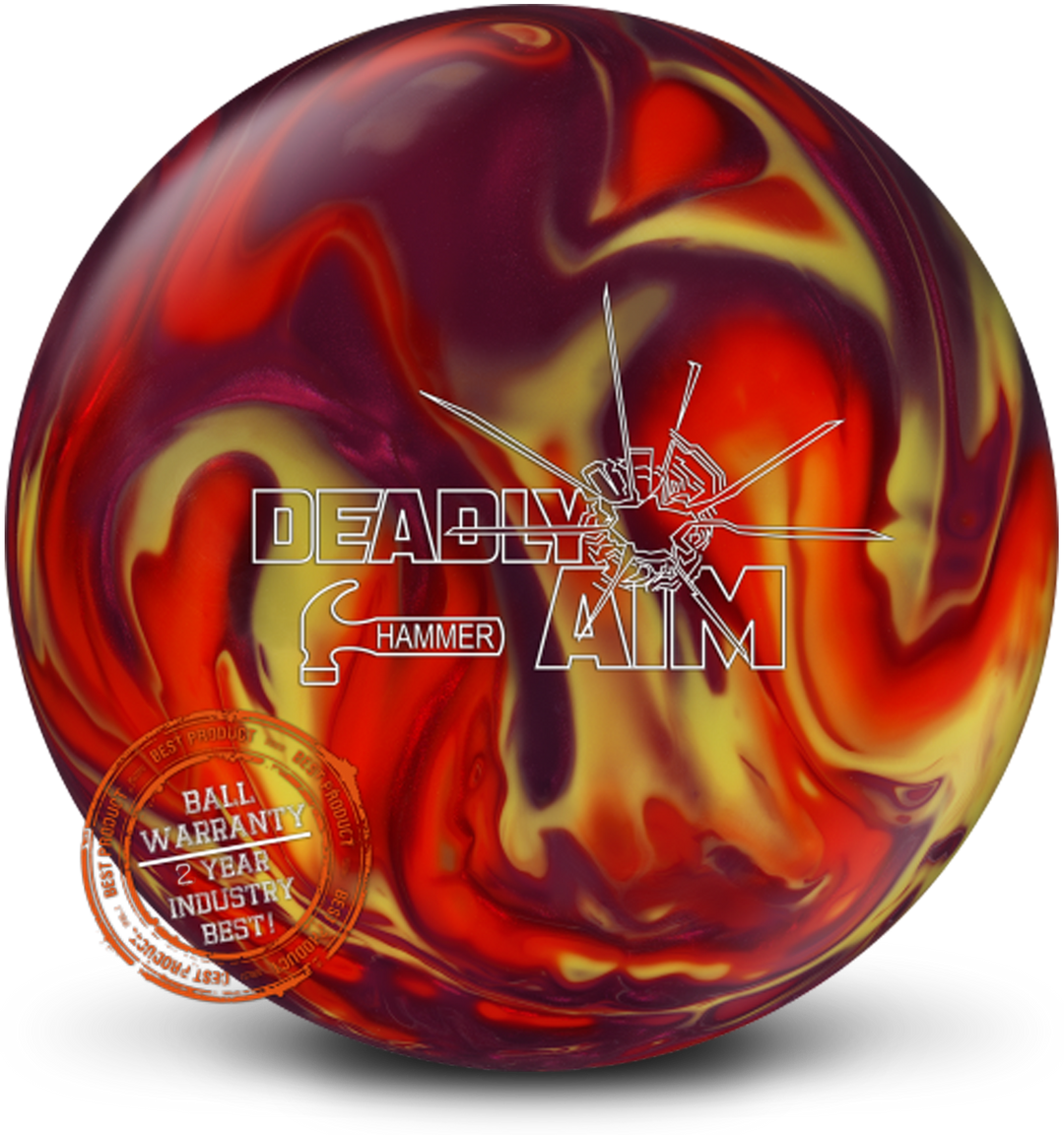 A red, orange, and yellow colored bowling ball with the Deadly Aim logo in white centered prominently. Also with a badge in the lower left-hand corner with the words, "Ball Warranty 2 Year Industry Best!" in white.