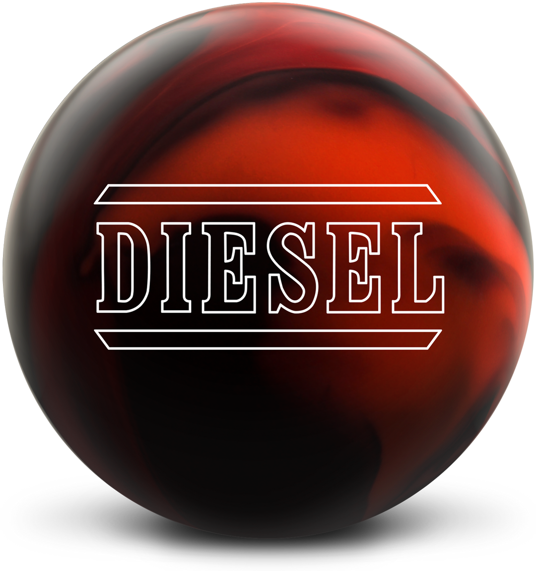 A black, red, and orange colored bowling ball with the Diesel logo in white centered prominently.