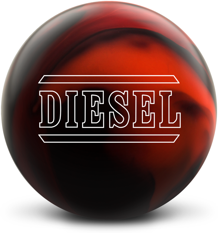 A black, red, and orange colored bowling ball with the Diesel logo in white centered prominently.