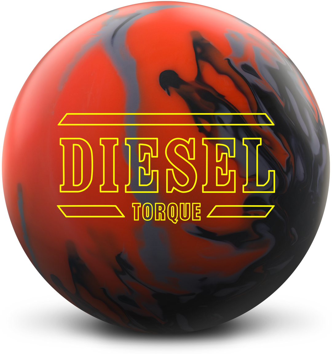 An orange, grey, and black colored bowling ball with the Diesel Torque logo in bright yellow centered prominently.
