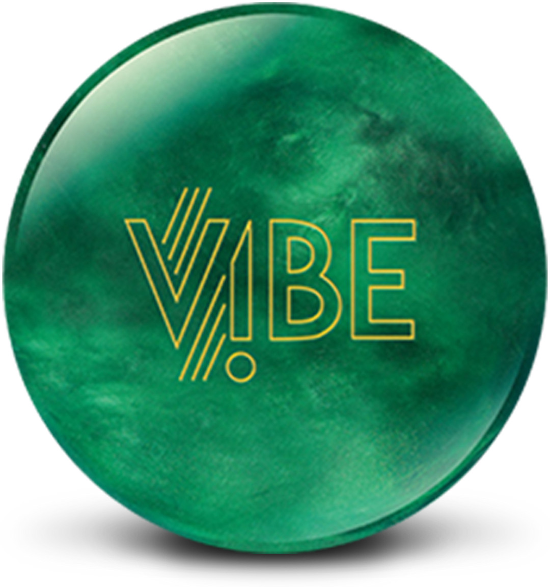 An emerald green colored bowling ball with shades of light and dark green and the VIBE logo in yellow centered prominently.