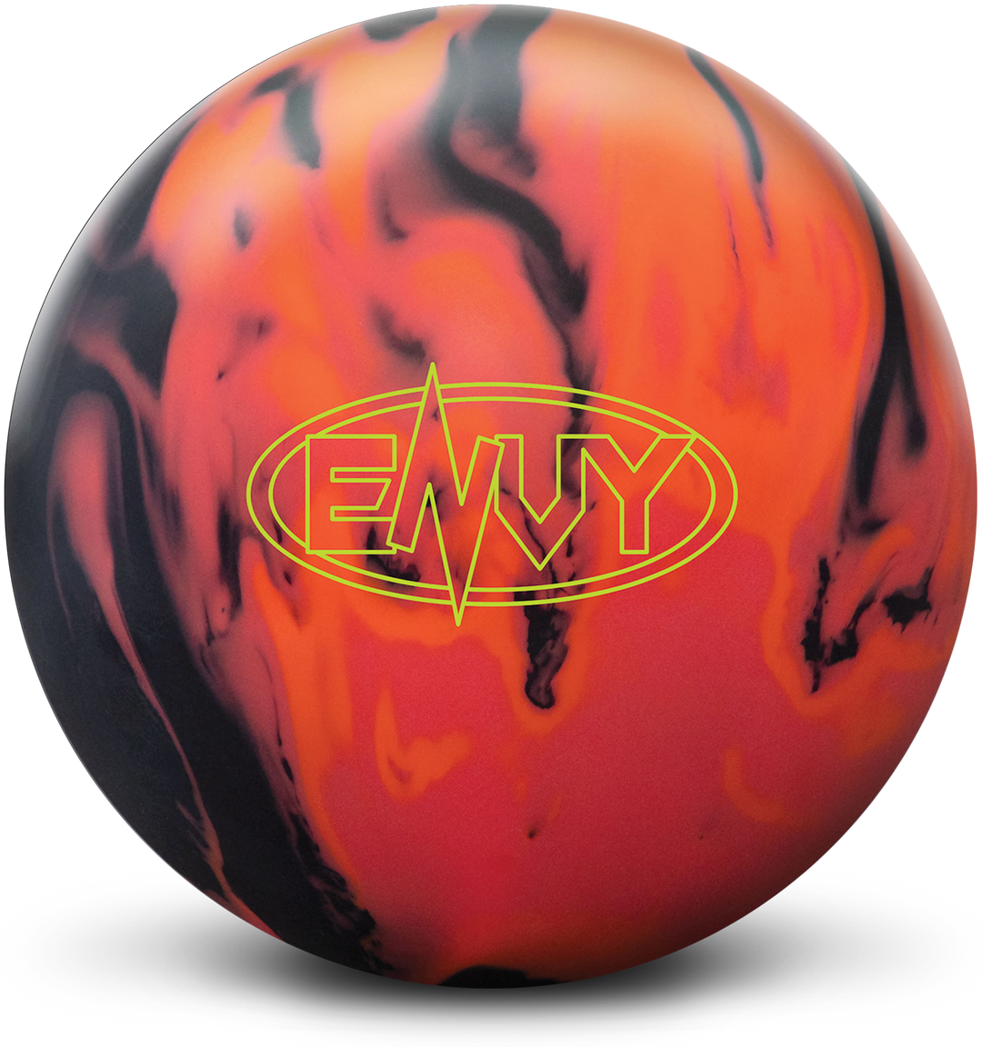 A black, red, and orange colored bowling ball with he Envy logo in yellow centered prominently.