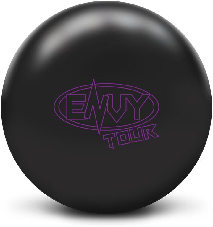 A black colored bowling ball with the Envy Tour logo in purple centered prominently.
